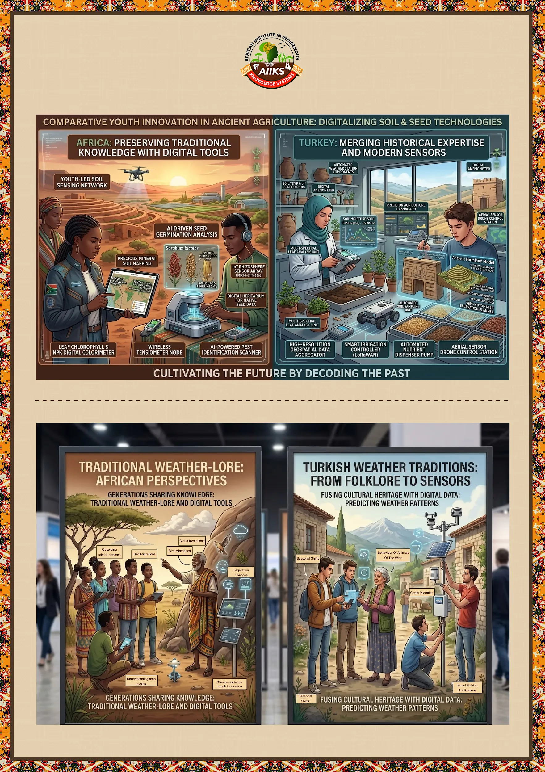 Bridging Ancient Wisdom and Modern Sensors for Climate Resilience: Youth innovators from South Africa and Turkey are leading a transformative effort to digitalize soil and seed technologies. By integrating AI-driven seed analysis and wireless tensiometer nodes with traditional agricultural expertise, this initiative enhances community-led climate resilience. This "Digital Bridge" also connects African weather-based knowledge systems and practices with Turkish sensor data, utilizing environmental indicators like animal behavior and plant phenology to improve disaster risk reduction (DRR) accuracy, including contributing to anticipatory action imperatives continentally and globally.