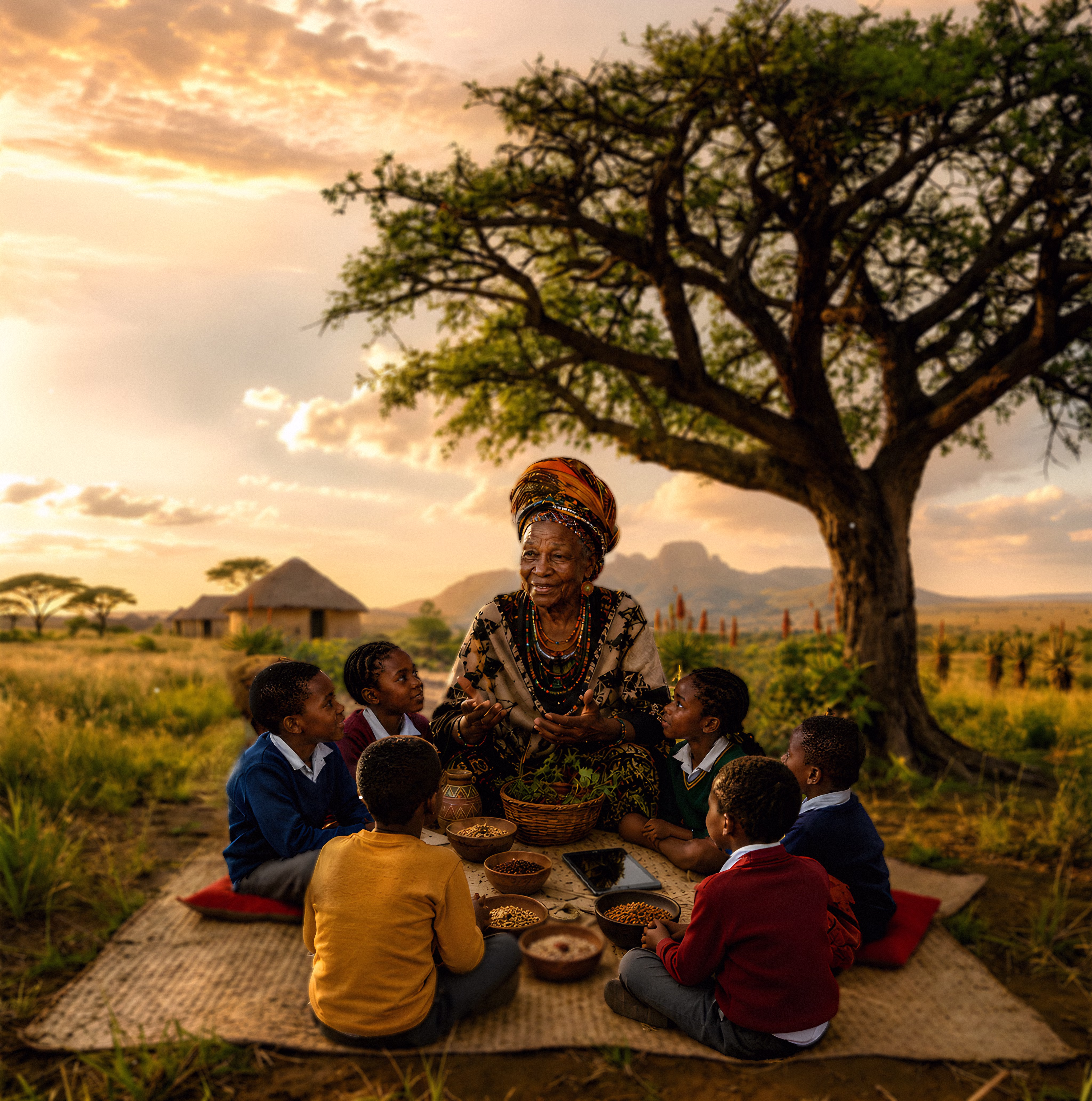 Elderly African storyteller teaching children about plants under a tree at golden hour, with a subtle tablet beside traditional learning tools.
